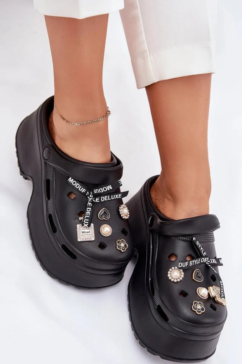 Discount Boto Klapki Damskie Na Masywnej Platformie Z Przypinkami Czarne Vivira