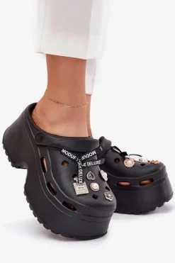 Discount Boto Klapki Damskie Na Masywnej Platformie Z Przypinkami Czarne Vivira