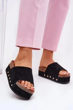 Hot Boto Klapki Damskie Na Masywnej Platformie Eko Zamszowe Czarne Vinnibe