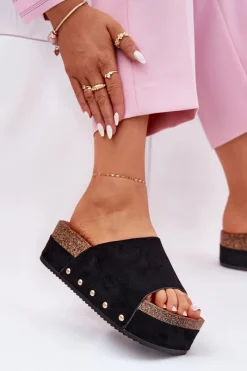 Hot Boto Klapki Damskie Na Masywnej Platformie Eko Zamszowe Czarne Vinnibe