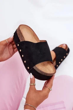 Hot Boto Klapki Damskie Na Masywnej Platformie Eko Zamszowe Czarne Vinnibe