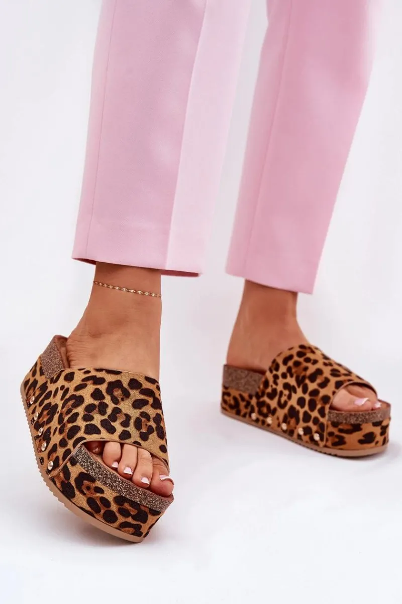 Best Klapki Damskie Na Masywnej Platformie Eko Zamszowe Panterka Brązowe Vinnibe Damskie Klapki Korkowe|Klapki Na Platformie