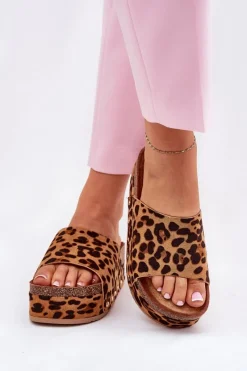 Best Klapki Damskie Na Masywnej Platformie Eko Zamszowe Panterka Brązowe Vinnibe Damskie Klapki Korkowe|Klapki Na Platformie