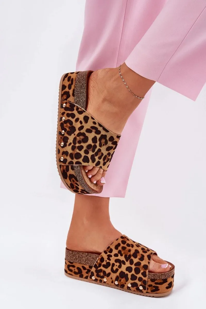 Best Klapki Damskie Na Masywnej Platformie Eko Zamszowe Panterka Brązowe Vinnibe Damskie Klapki Korkowe|Klapki Na Platformie