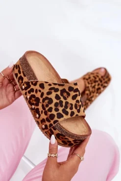 Best Klapki Damskie Na Masywnej Platformie Eko Zamszowe Panterka Brązowe Vinnibe Damskie Klapki Korkowe|Klapki Na Platformie