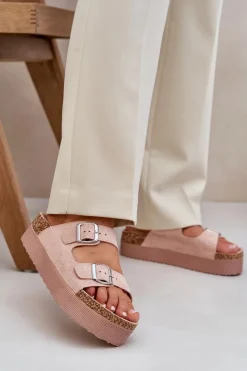 Klapki Korkowe|Klapki Na Platformie>Boto Klapki Damskie Na Masywnej Platformie Z Klamrami Różowe Aramia Różowy