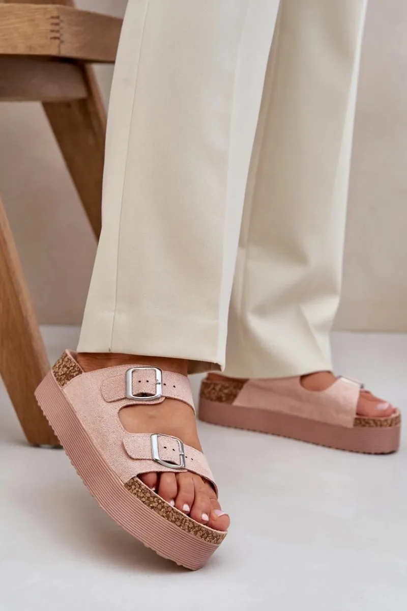 Klapki Korkowe|Klapki Na Platformie>Boto Klapki Damskie Na Masywnej Platformie Z Klamrami Różowe Aramia Różowy