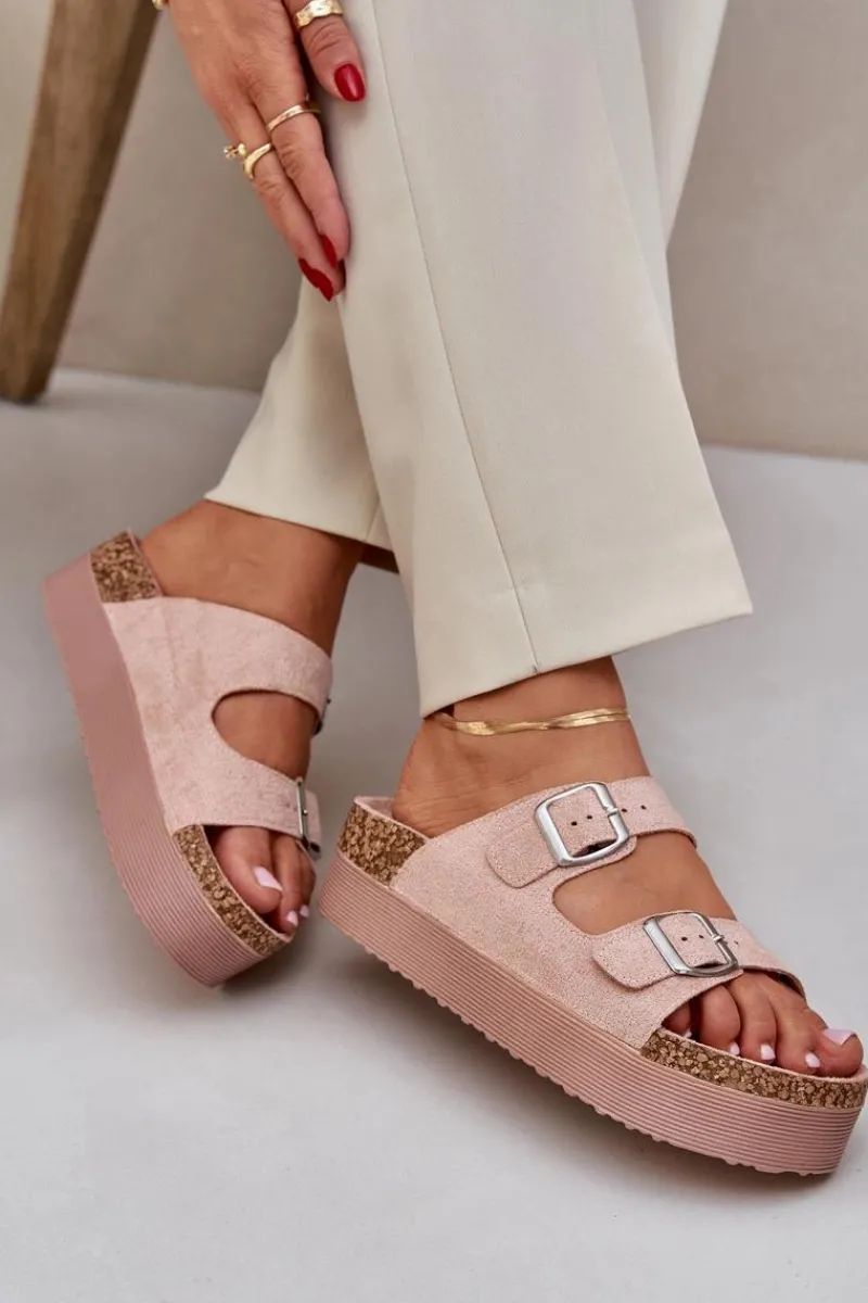 Klapki Korkowe|Klapki Na Platformie>Boto Klapki Damskie Na Masywnej Platformie Z Klamrami Różowe Aramia Różowy