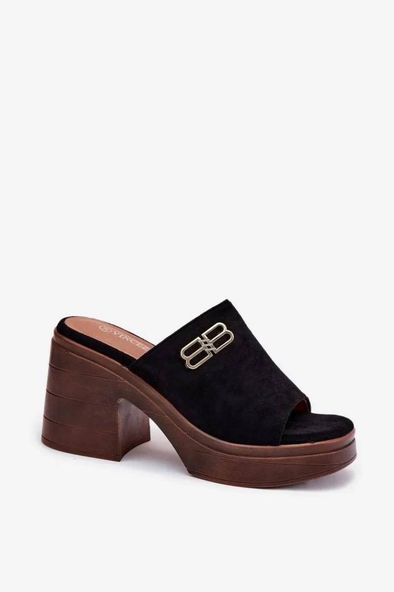 Klapki Na Obcasie>Buty damskie Vinceza Klapki Damskie Na Masywnym Obcasie Ze Złotym Detalem Vinceza 17400 Czarne Czarny