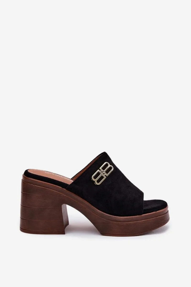 Klapki Na Obcasie>Buty damskie Vinceza Klapki Damskie Na Masywnym Obcasie Ze Złotym Detalem Vinceza 17400 Czarne Czarny