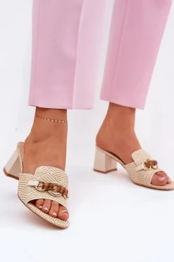 Clearance Boto Klapki Damskie Na Obcasie Z Ozdobą Beżowe Ovittole Beżowy