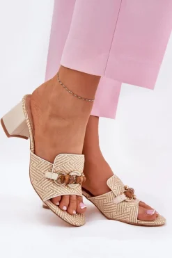 Clearance Boto Klapki Damskie Na Obcasie Z Ozdobą Beżowe Ovittole Beżowy