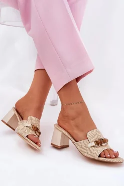 Clearance Boto Klapki Damskie Na Obcasie Z Ozdobą Beżowe Ovittole Beżowy