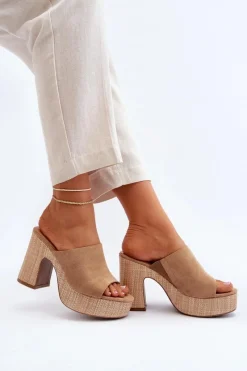 New Klapki Damskie Na Obcasie Słupku Brązowe Siobhan Damskie Klapki Na Obcasie|Klapki Damskie Klasyczne