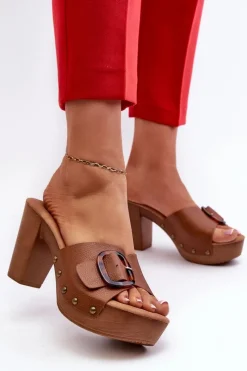 Online Evento Klapki Damskie Na Obcasie Słupku Z Klamrą Brązowe Betinna