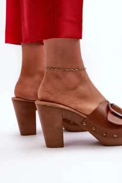 Online Evento Klapki Damskie Na Obcasie Słupku Z Klamrą Brązowe Betinna