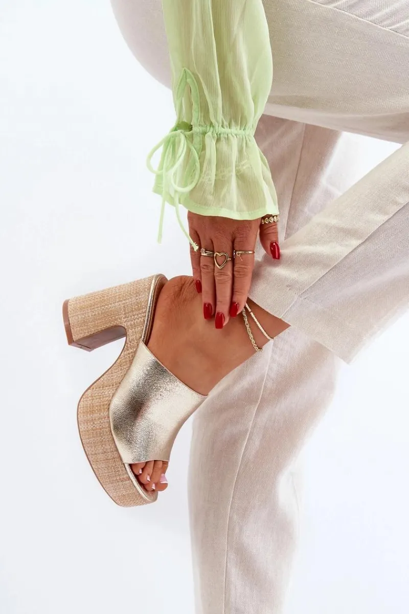 Klapki Na Obcasie|Klapki Damskie Klasyczne>Boto Klapki Damskie Na Obcasie Słupku Złote Siobhan