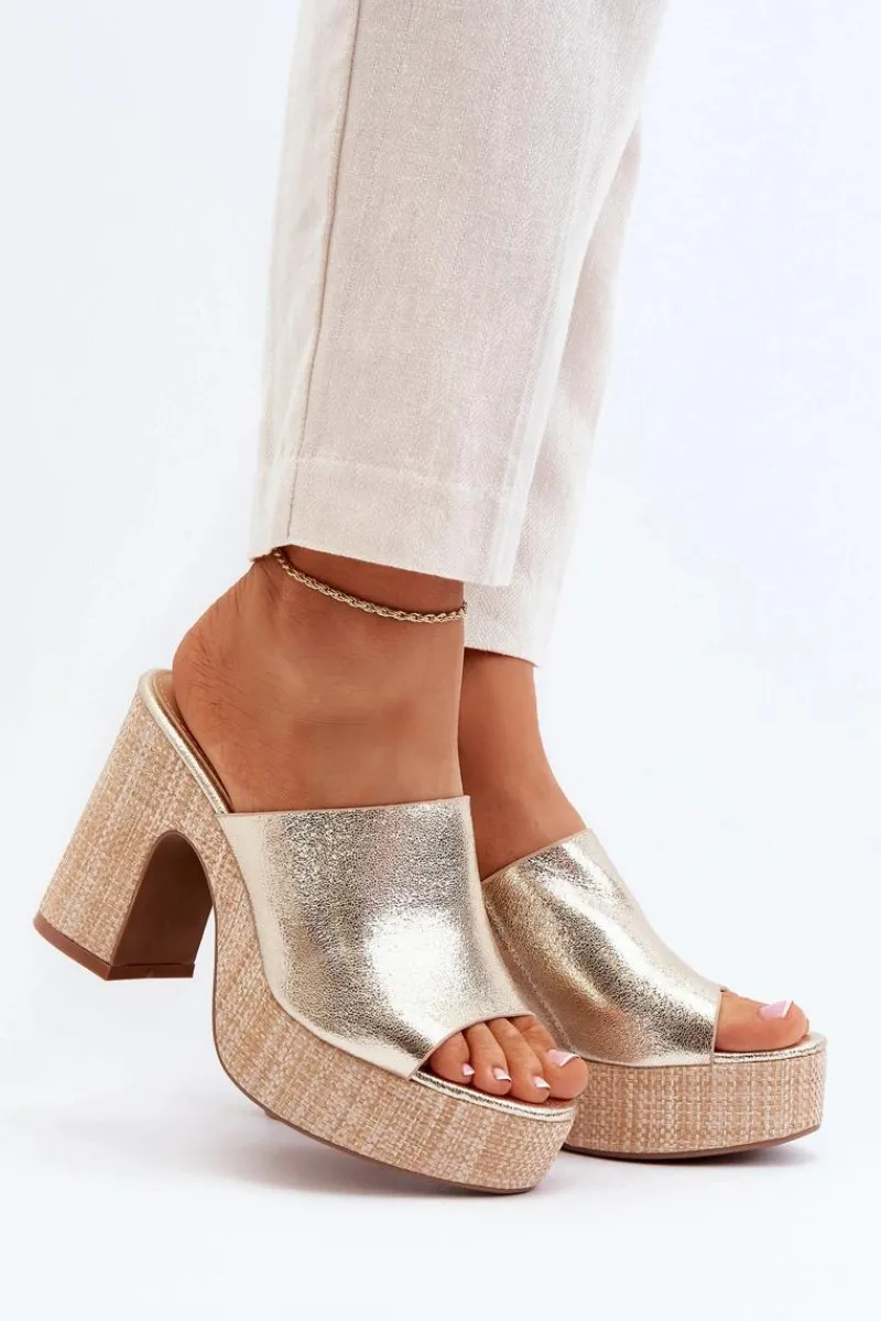 Klapki Na Obcasie|Klapki Damskie Klasyczne>Boto Klapki Damskie Na Obcasie Słupku Złote Siobhan