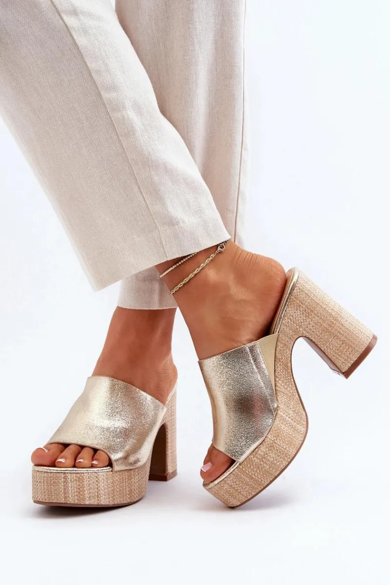 Klapki Na Obcasie|Klapki Damskie Klasyczne>Boto Klapki Damskie Na Obcasie Słupku Złote Siobhan