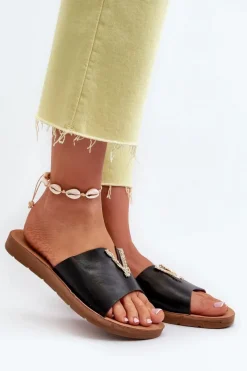 Outlet Klapki Damskie Na Płaskiej Podeszwie Z Ozdobą Eko Skórzane Czarne Makia Damskie Klapki Damskie Klasyczne