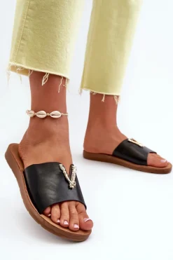 Outlet Klapki Damskie Na Płaskiej Podeszwie Z Ozdobą Eko Skórzane Czarne Makia Damskie Klapki Damskie Klasyczne