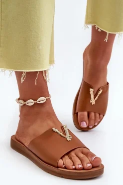 Sale Klapki Damskie Na Płaskiej Podeszwie Z Ozdobą Eko Skórzane Brązowe Makia Damskie Klapki Damskie Klasyczne