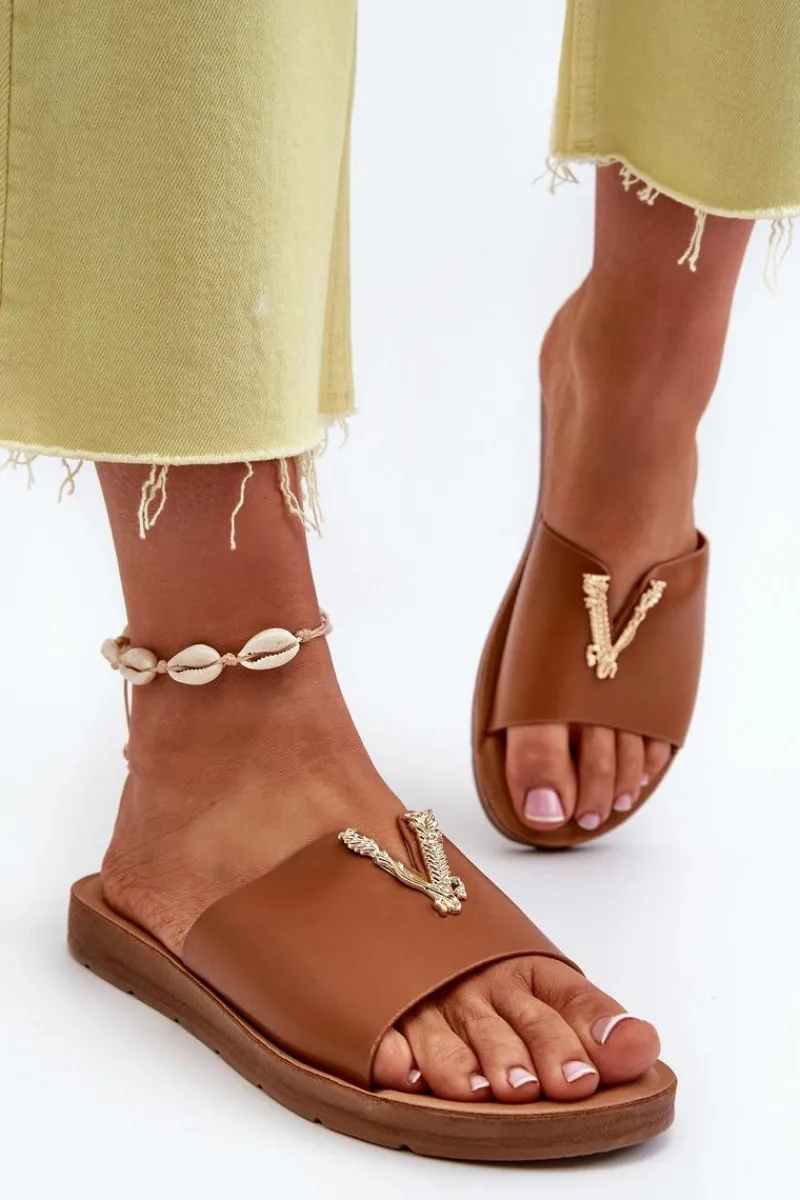 Sale Klapki Damskie Na Płaskiej Podeszwie Z Ozdobą Eko Skórzane Brązowe Makia Damskie Klapki Damskie Klasyczne