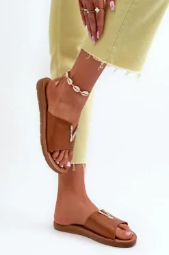 Sale Klapki Damskie Na Płaskiej Podeszwie Z Ozdobą Eko Skórzane Brązowe Makia Damskie Klapki Damskie Klasyczne