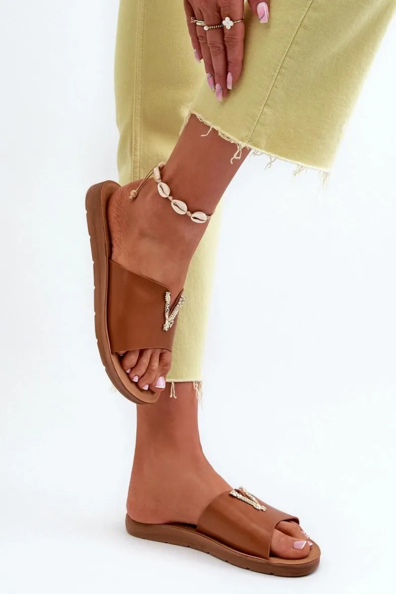 Sale Klapki Damskie Na Płaskiej Podeszwie Z Ozdobą Eko Skórzane Brązowe Makia Damskie Klapki Damskie Klasyczne