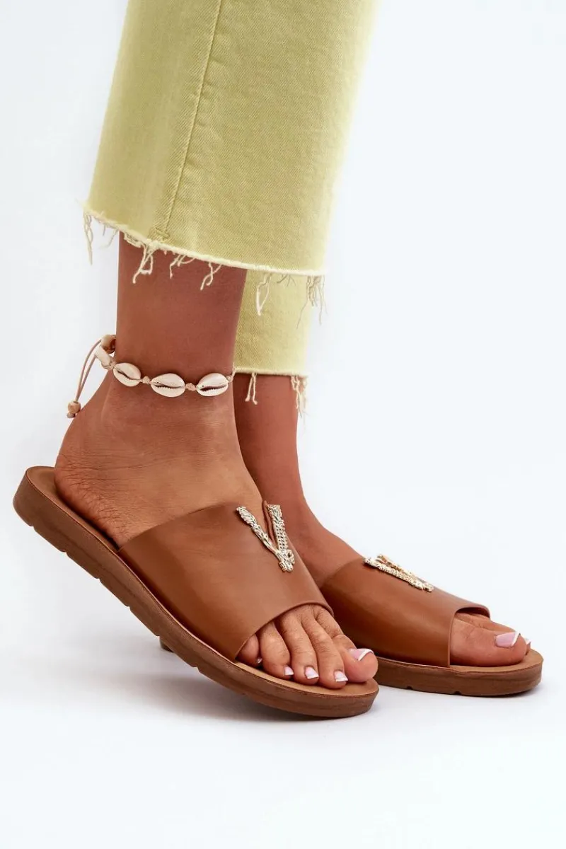 Sale Klapki Damskie Na Płaskiej Podeszwie Z Ozdobą Eko Skórzane Brązowe Makia Damskie Klapki Damskie Klasyczne