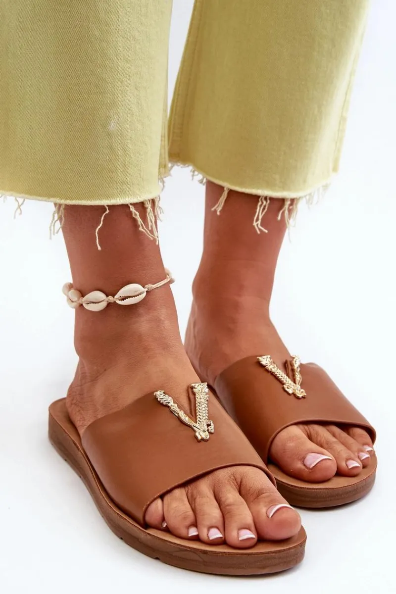 Sale Klapki Damskie Na Płaskiej Podeszwie Z Ozdobą Eko Skórzane Brązowe Makia Damskie Klapki Damskie Klasyczne