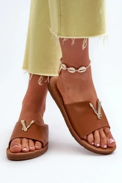 Sale Klapki Damskie Na Płaskiej Podeszwie Z Ozdobą Eko Skórzane Brązowe Makia Damskie Klapki Damskie Klasyczne