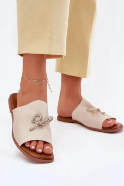 Best Klapki Damskie Na Płaskim Obcasie Z Ozdobnym Wiązaniem Beżowe Norela Damskie Klapki Damskie Klasyczne