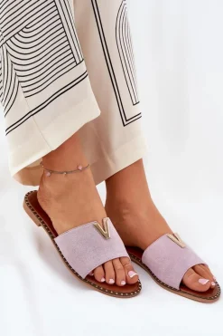 Klapki Damskie Klasyczne>Boto Klapki Damskie Na Płaskim Obcasie Z Ozdobnymi Detalami Fioletowe Saliena Fioletowy