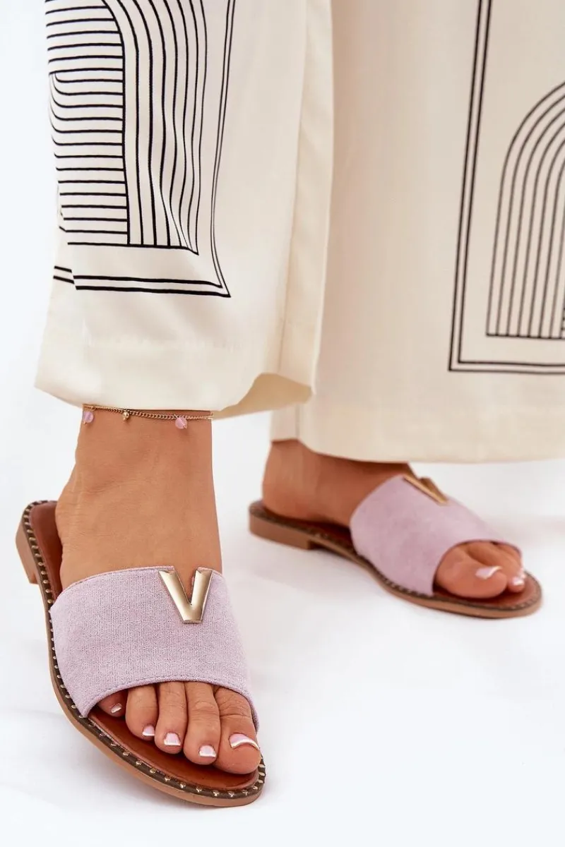 Klapki Damskie Klasyczne>Boto Klapki Damskie Na Płaskim Obcasie Z Ozdobnymi Detalami Fioletowe Saliena Fioletowy