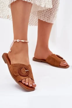 Sale Boto Klapki Damskie Na Płaskim Obcasie Z Klamrą Camel Lanoni Brązowy