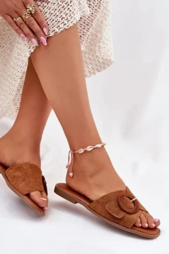 Sale Boto Klapki Damskie Na Płaskim Obcasie Z Klamrą Camel Lanoni Brązowy