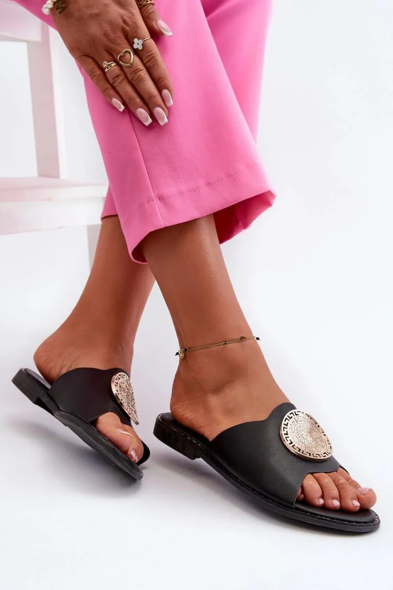 Klapki Damskie Klasyczne>Evento Klapki Damskie Na Płaskim Obcasie Z Ozdobą Czarne Rivashea