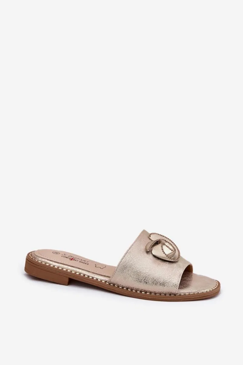 Klapki Damskie Klasyczne>Damskie buty S.Barski Klapki Damskie Na Płaskim Obcasie Z Ozdobnym Detalem KV51-007 Złote