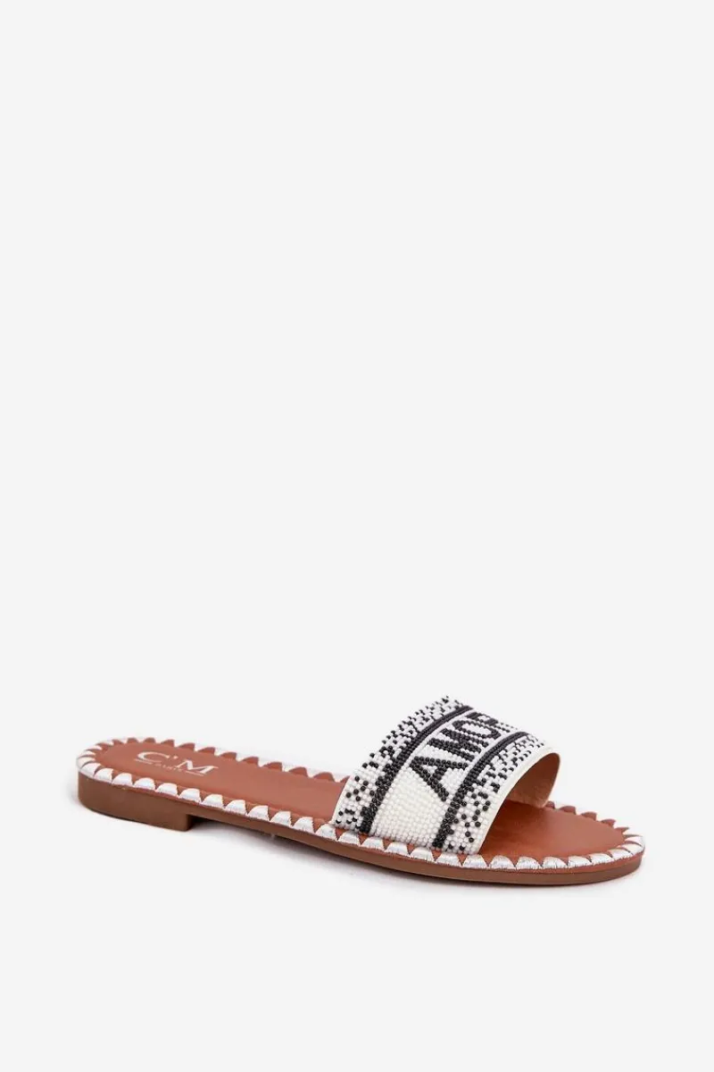 Best Klapki Damskie Na Płaskim Obcasie Ze Zdobieniem Amore Białe Avelina Damskie Klapki Damskie Klasyczne