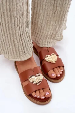 Hot Evento Klapki Damskie Na Płaskim Obcasie Ze Złotą Ozdobą Camel Karinma Brązowy