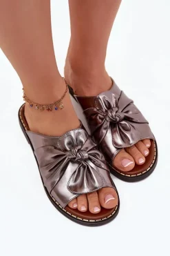 Hot Boto Klapki Damskie Na Płaskim Obcasie Grafitowe Nelvira Srebrny