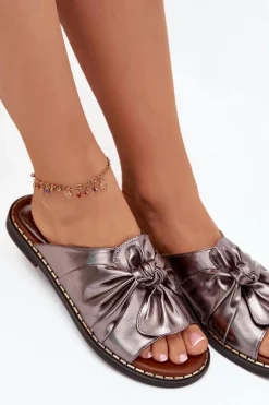 Hot Boto Klapki Damskie Na Płaskim Obcasie Grafitowe Nelvira Srebrny