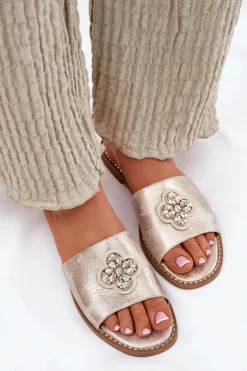 Best Klapki Damskie Na Płaskim Obcasie Z Ozdobnym Detalem S.Barski KV51-087 Złote Damskie Klapki Damskie Klasyczne