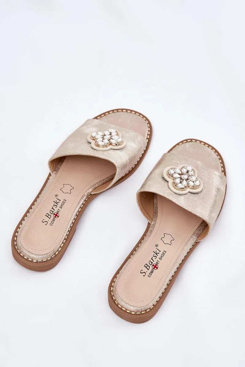 Best Klapki Damskie Na Płaskim Obcasie Z Ozdobnym Detalem S.Barski KV51-087 Złote Damskie Klapki Damskie Klasyczne