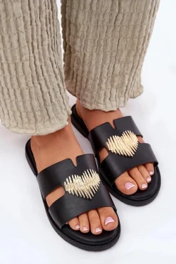 Discount Klapki Damskie Na Płaskim Obcasie Ze Złotą Ozdobą Czarne Karinma Damskie Klapki Damskie Klasyczne