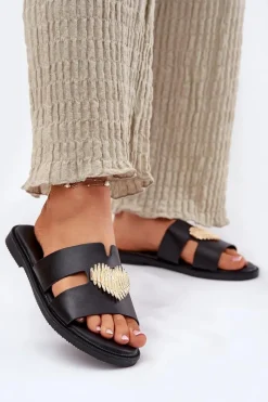 Discount Klapki Damskie Na Płaskim Obcasie Ze Złotą Ozdobą Czarne Karinma Damskie Klapki Damskie Klasyczne