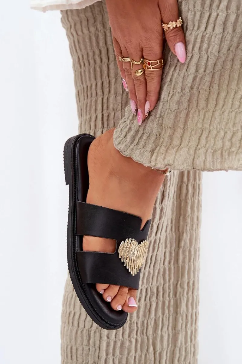 Discount Klapki Damskie Na Płaskim Obcasie Ze Złotą Ozdobą Czarne Karinma Damskie Klapki Damskie Klasyczne