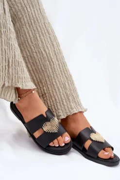 Discount Klapki Damskie Na Płaskim Obcasie Ze Złotą Ozdobą Czarne Karinma Damskie Klapki Damskie Klasyczne