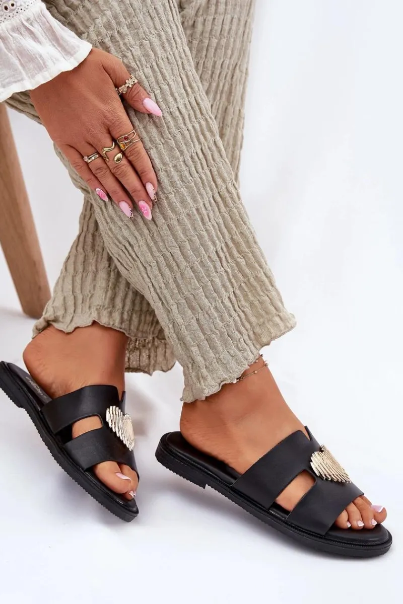 Discount Klapki Damskie Na Płaskim Obcasie Ze Złotą Ozdobą Czarne Karinma Damskie Klapki Damskie Klasyczne